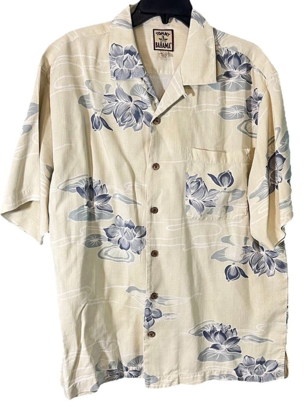 Tommy Bahama 100% Silk Button Up Shirt Hawaiian Floral Pocket Short Sleeve Sz L